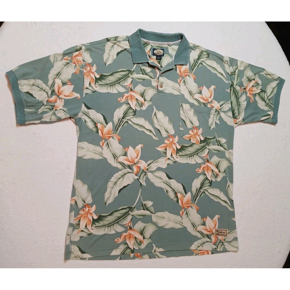 Vintage Tommy Bahama Men M Polo Shirt Cotton Bird of Paradise Sage Green Floral